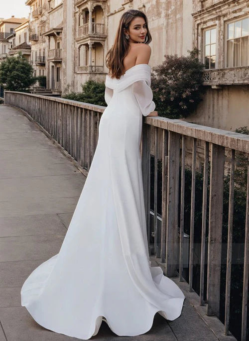 Elegant Mermaid Off-the-Shoulder Bishop Sleeve Chapel-Train Wedding Dresses