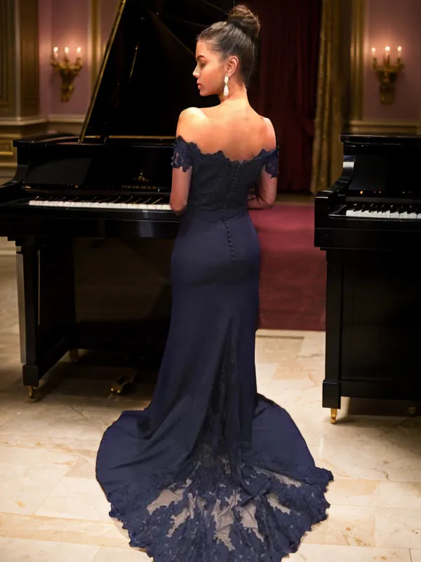 Elegant Mermaid Off-the-Shoulder Lace Floor-Length Formal Evening Dresses