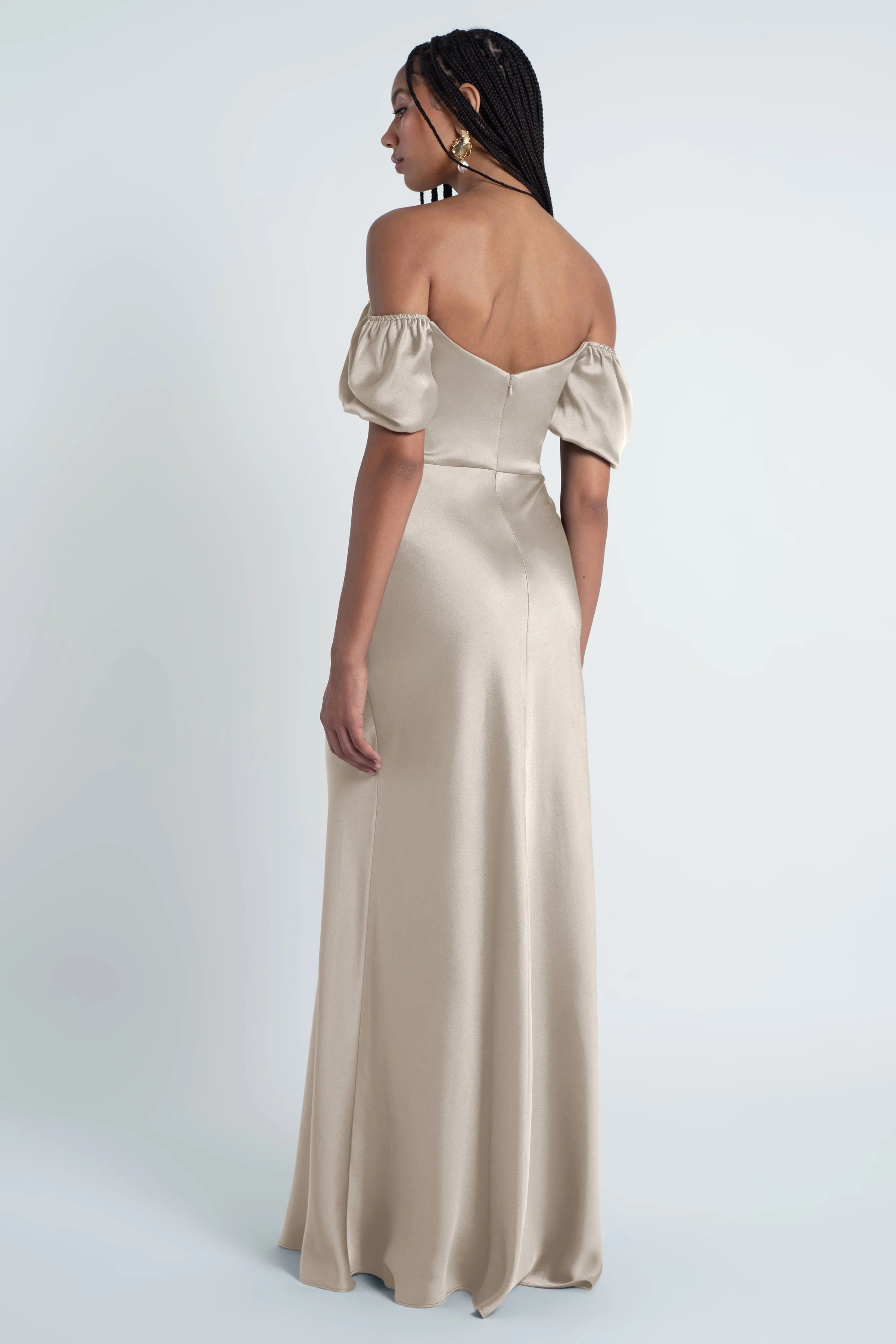 Elegant Mermaid Off-the-Shoulder Puff Sleeve Zipper Back Floor-Length Bridesmaid Dresses