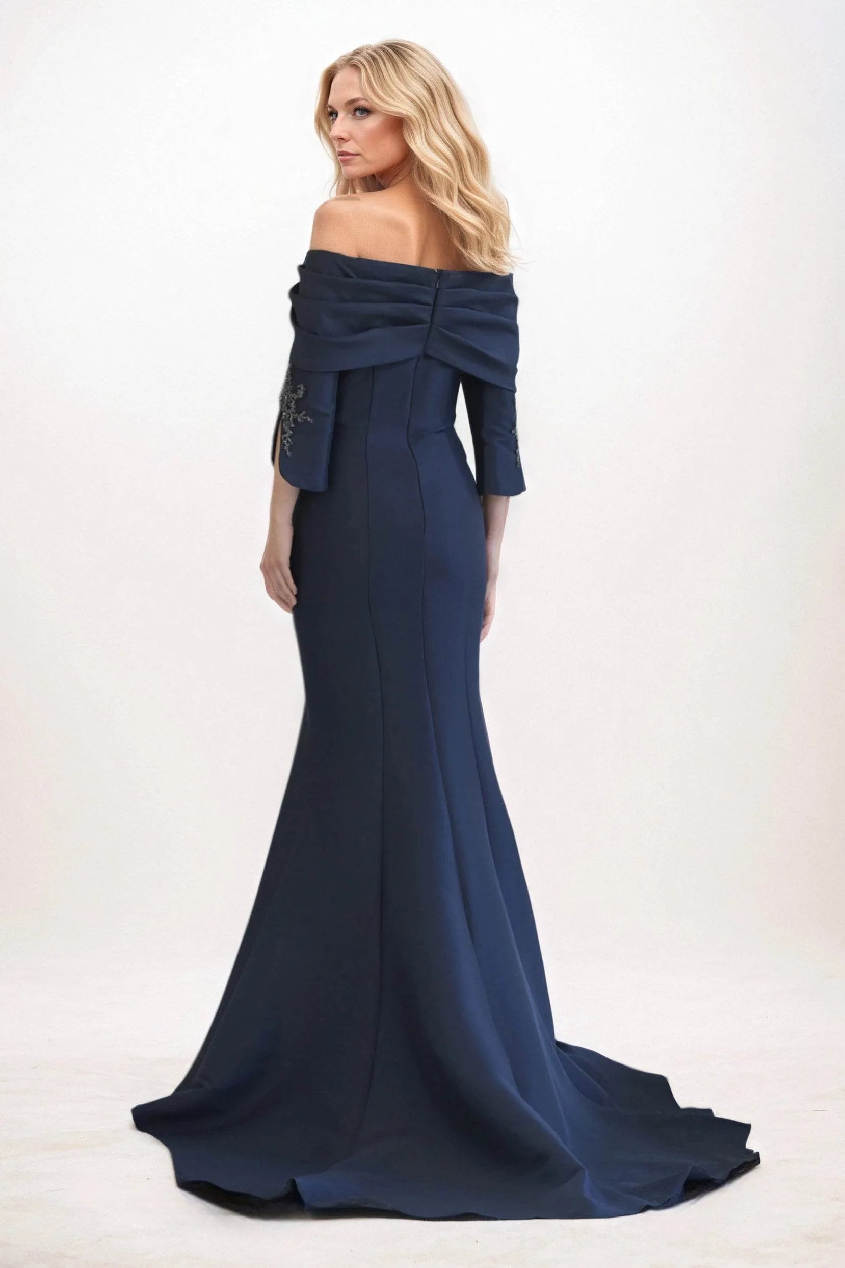 Elegant Mermaid Off-the-Shoulder Three-Quarter Sleeve Bow Back Train Floor-Length Mother Of The Bride Dresses