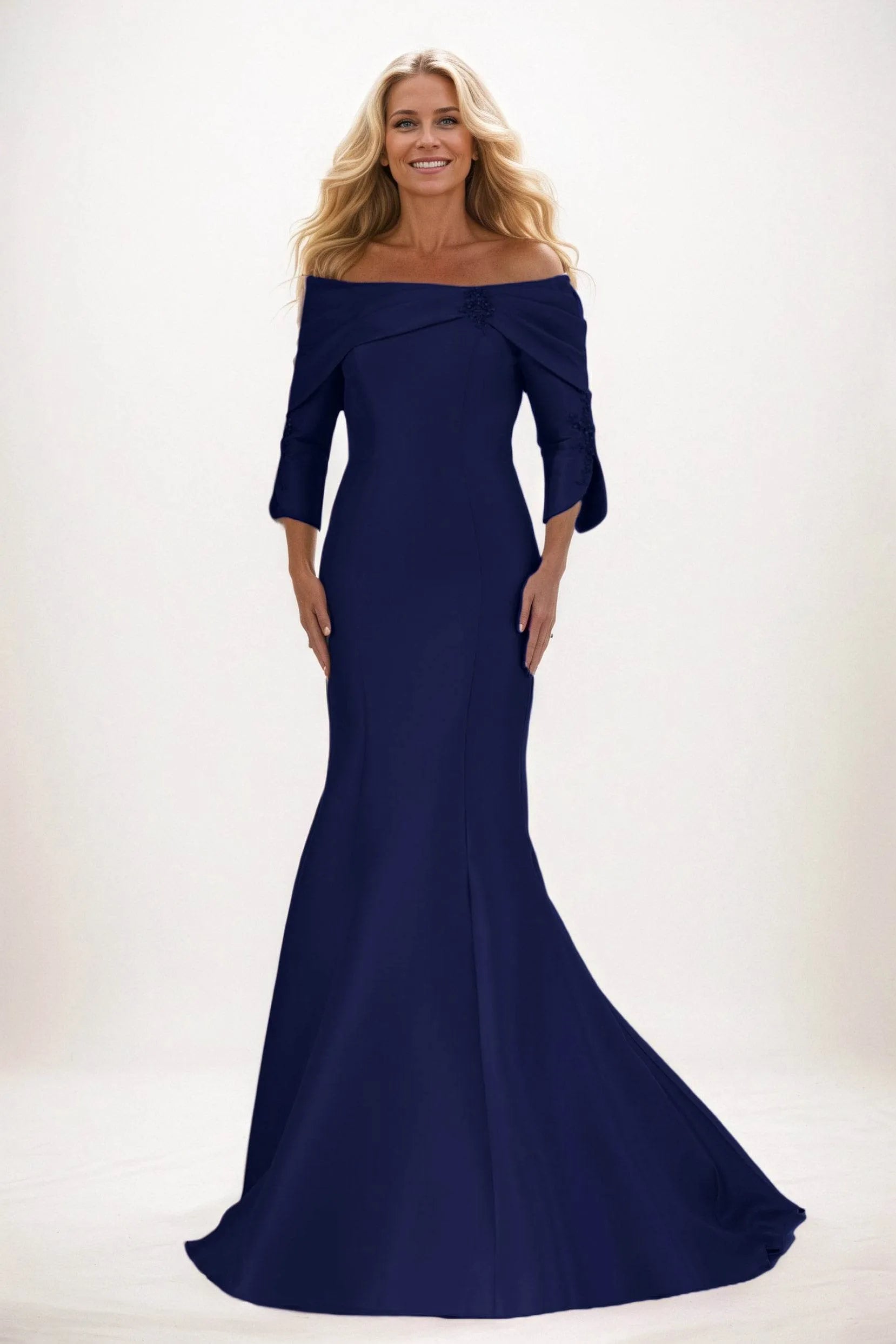 Elegant Mermaid Off-the-Shoulder Three-Quarter Sleeve Bow Back Train Floor-Length Mother Of The Bride Dresses