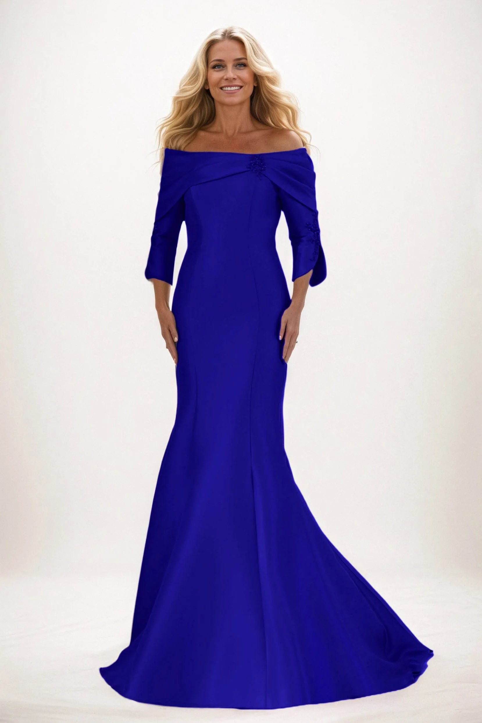 Elegant Mermaid Off-the-Shoulder Three-Quarter Sleeve Bow Back Train Floor-Length Mother Of The Bride Dresses