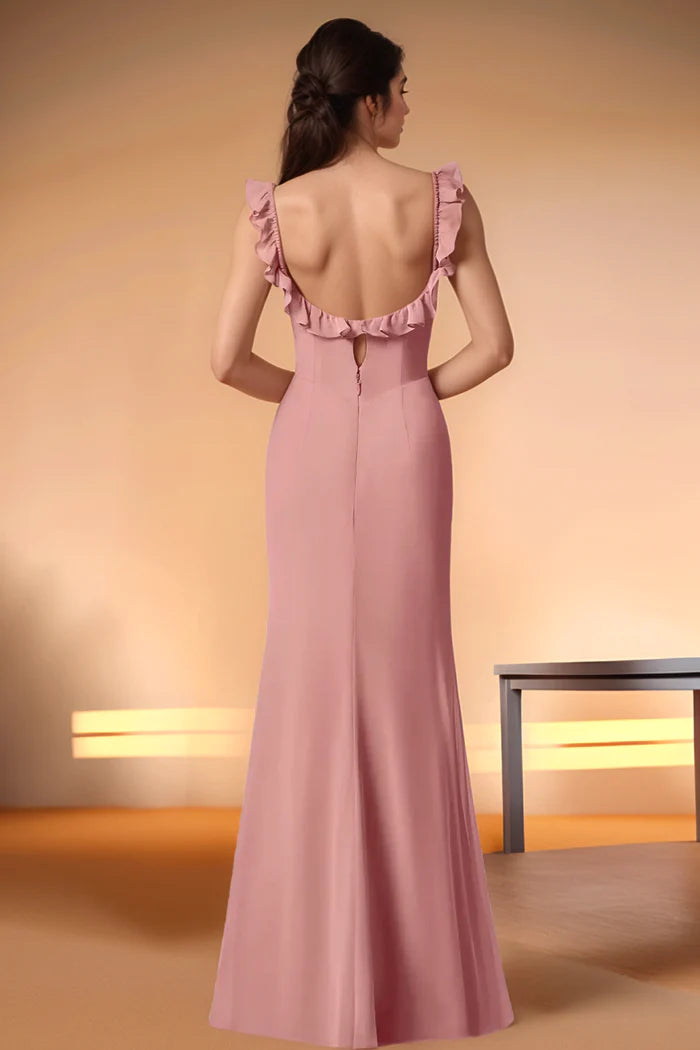 Elegant Mermaid Off Shoulder Ruffled Strap Open Back Floor Length Bridesmaid Dresses