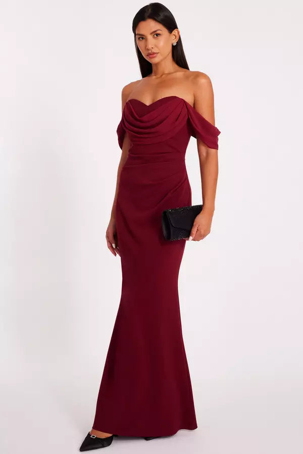 Elegant Mermaid Off Shoulder Sleeveless Open Back Ruched Floor Length Formal Prom Dresses