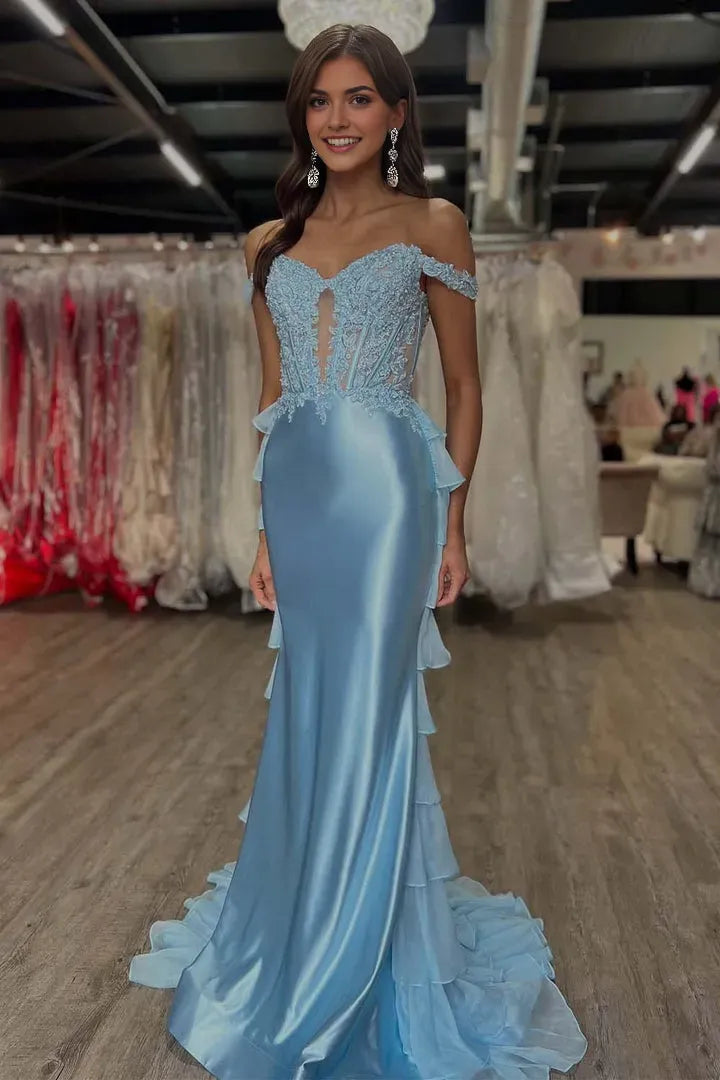Elegant Mermaid Off the Shoulder Short Sleeve Corset Ruffled Lace-Back Zip Floor - Length Prom Dress with Appliques