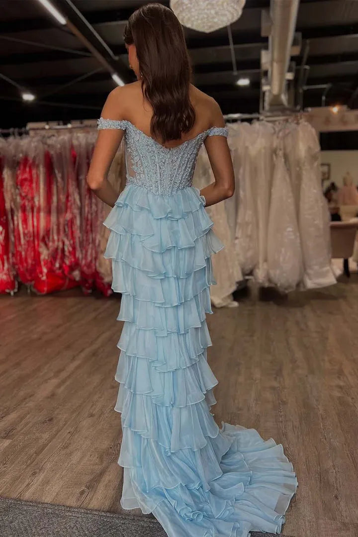 Elegant Mermaid Off the Shoulder Short Sleeve Corset Ruffled Lace-Back Zip Floor - Length Prom Dress with Appliques