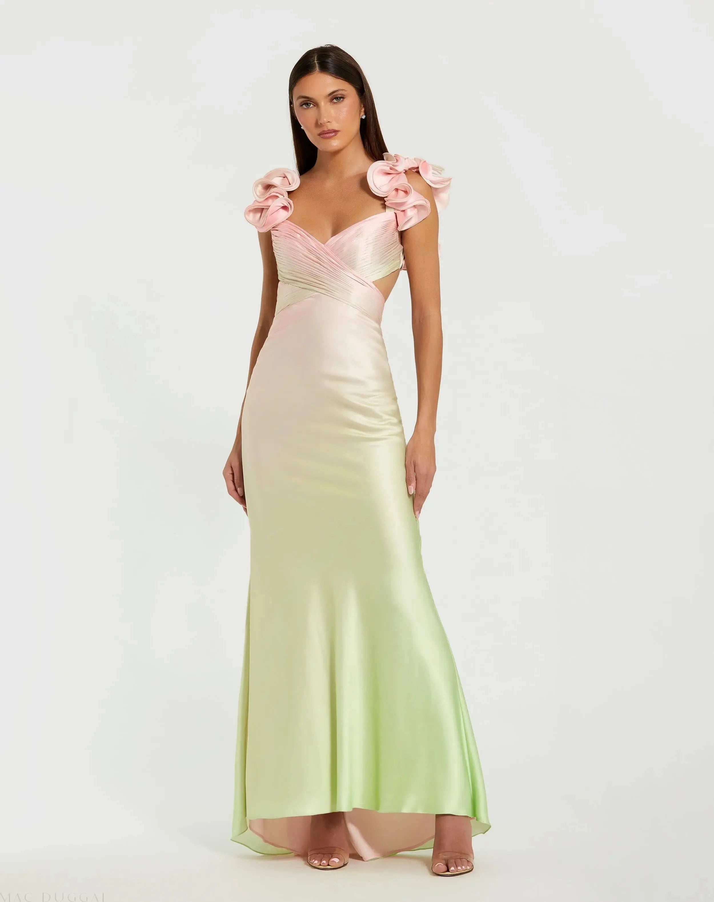 Elegant Mermaid Ombre Sweetheart Ruffle Shoulder Lace-Up Back Floor Length Formal Prom Gown