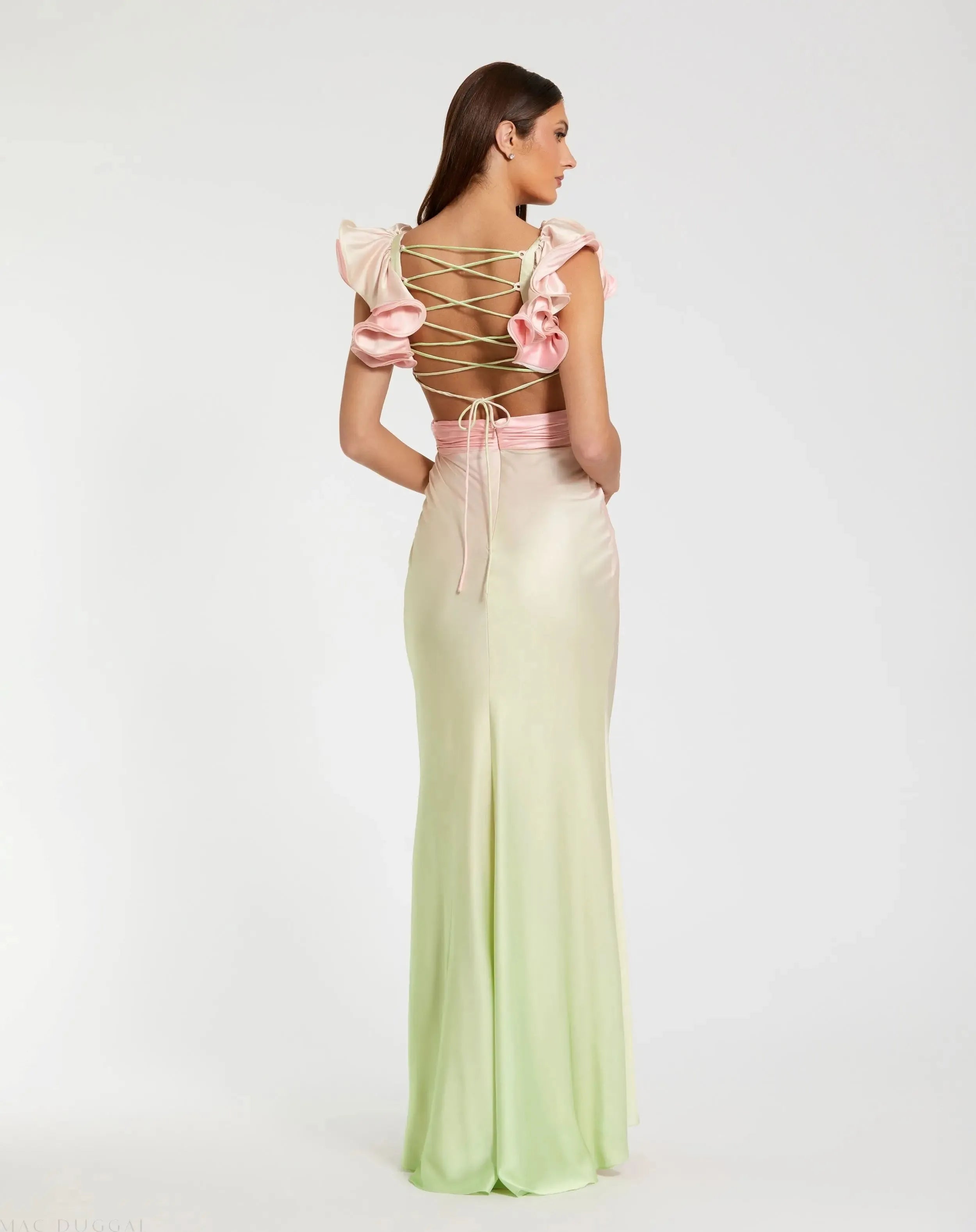 Elegant Mermaid Ombre Sweetheart Ruffle Shoulder Lace-Up Back Floor Length Formal Prom Gown