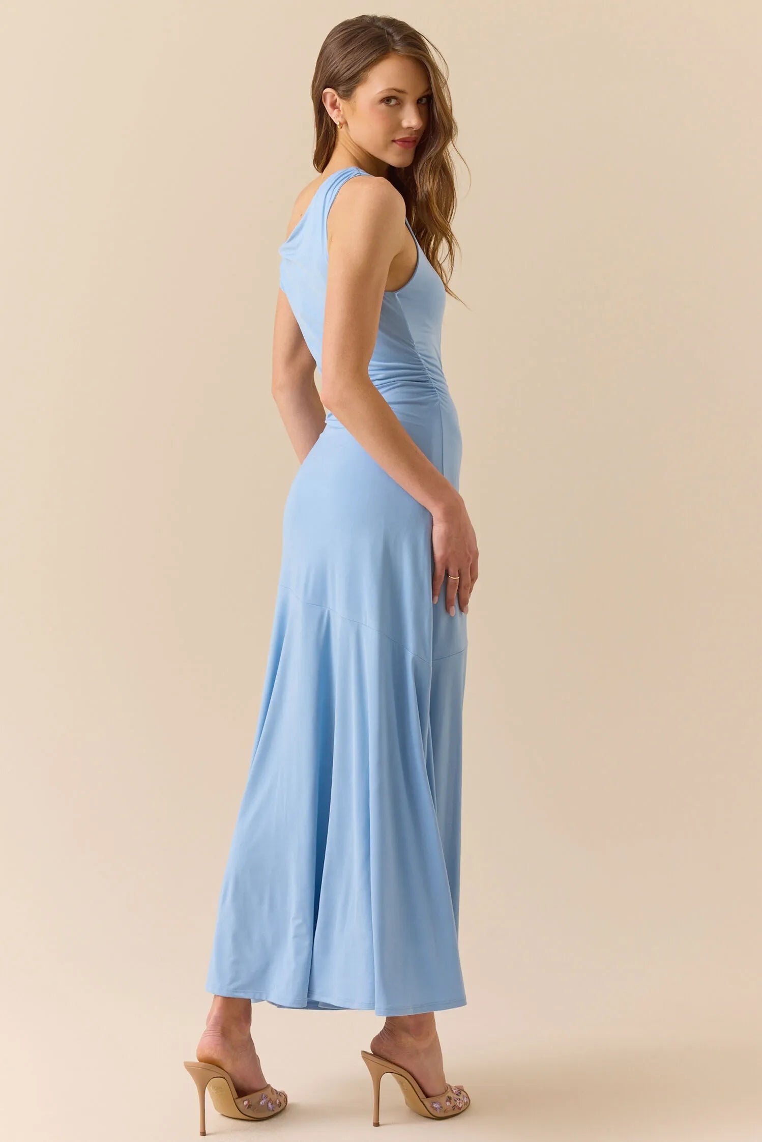 Elegant Mermaid One-Shoulder Sleeveless Ruched Back Floor-Length Prom Dresses