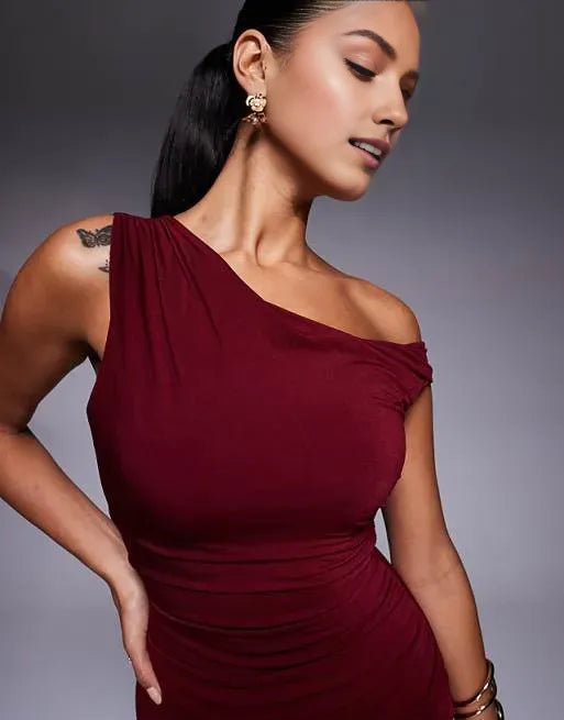 Elegant Mermaid One-Shoulder Sleeveless Ruched High Side Slit Floor-Length Prom Dresses Hot Sale