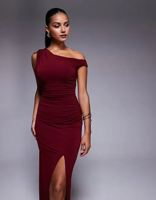 Elegant Mermaid One-Shoulder Sleeveless Ruched High Side Slit Floor-Length Prom Dresses Hot Sale