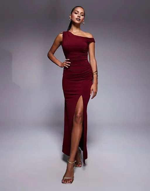 Elegant Mermaid One-Shoulder Sleeveless Ruched High Side Slit Floor-Length Prom Dresses Hot Sale