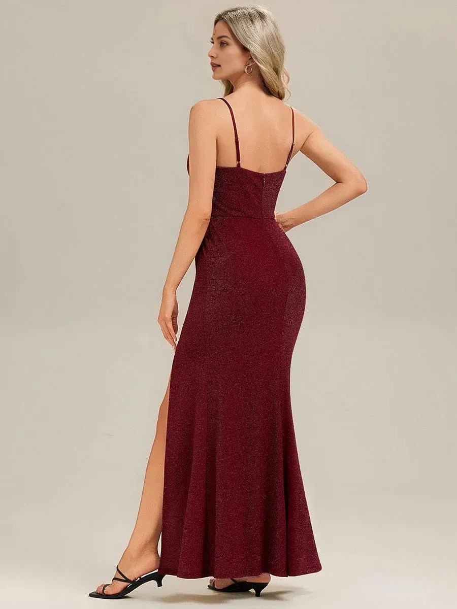 Elegant Mermaid Plunge Neck Sleeveless Back zipper Ruched Floor-Length High Slit Glitter Prom Dresses