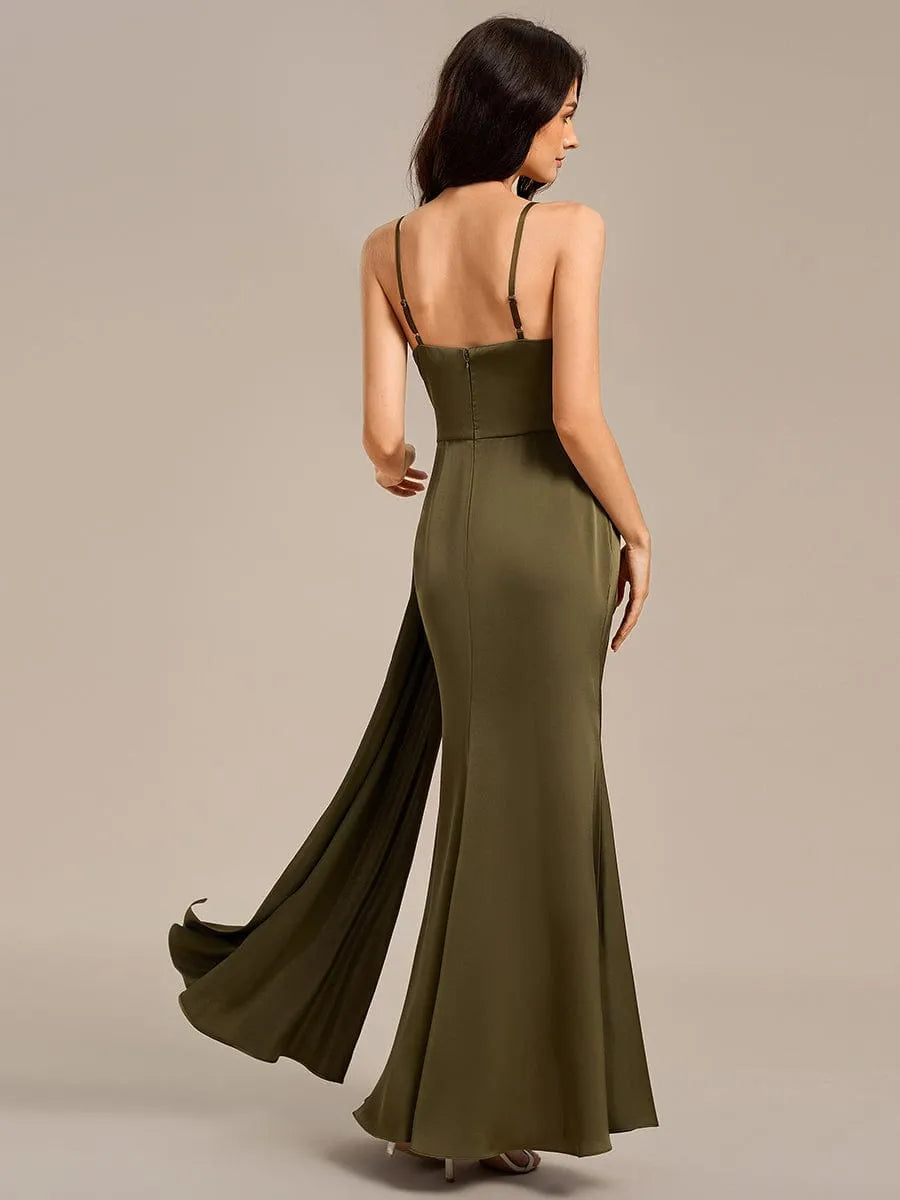 Elegant Mermaid Plunge Neck Spaghetti Strap Ruched Bodice Floor-Length High Slit Satin Prom Dresses
