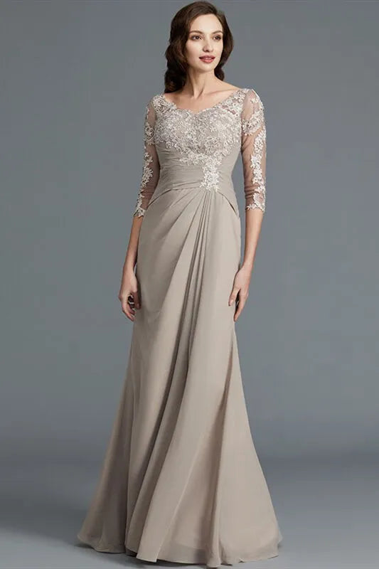 Elegant Mermaid Scoop Neck Lace Sleeve Keyhole Back Floor-Length Mother Of The Bride Dresses