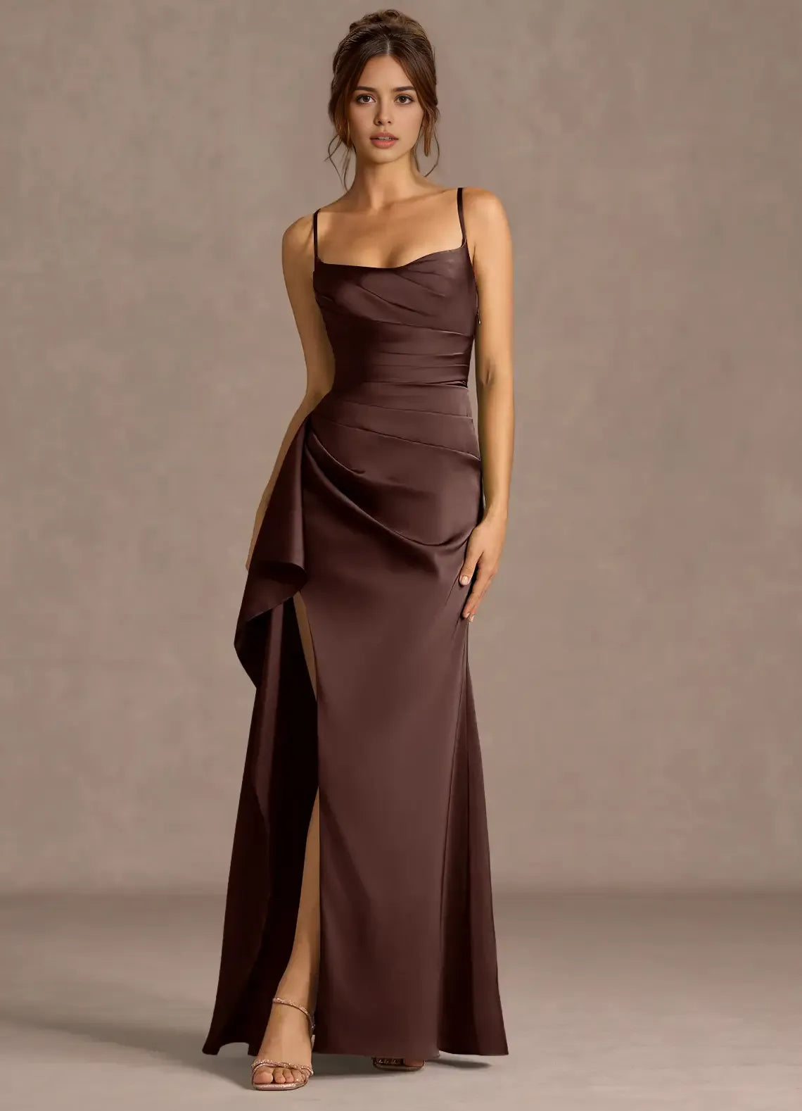 Elegant Mermaid Square Neck Spaghetti Straps Crisscross Back Floor-Length Satin Prom Dress with High Slit
