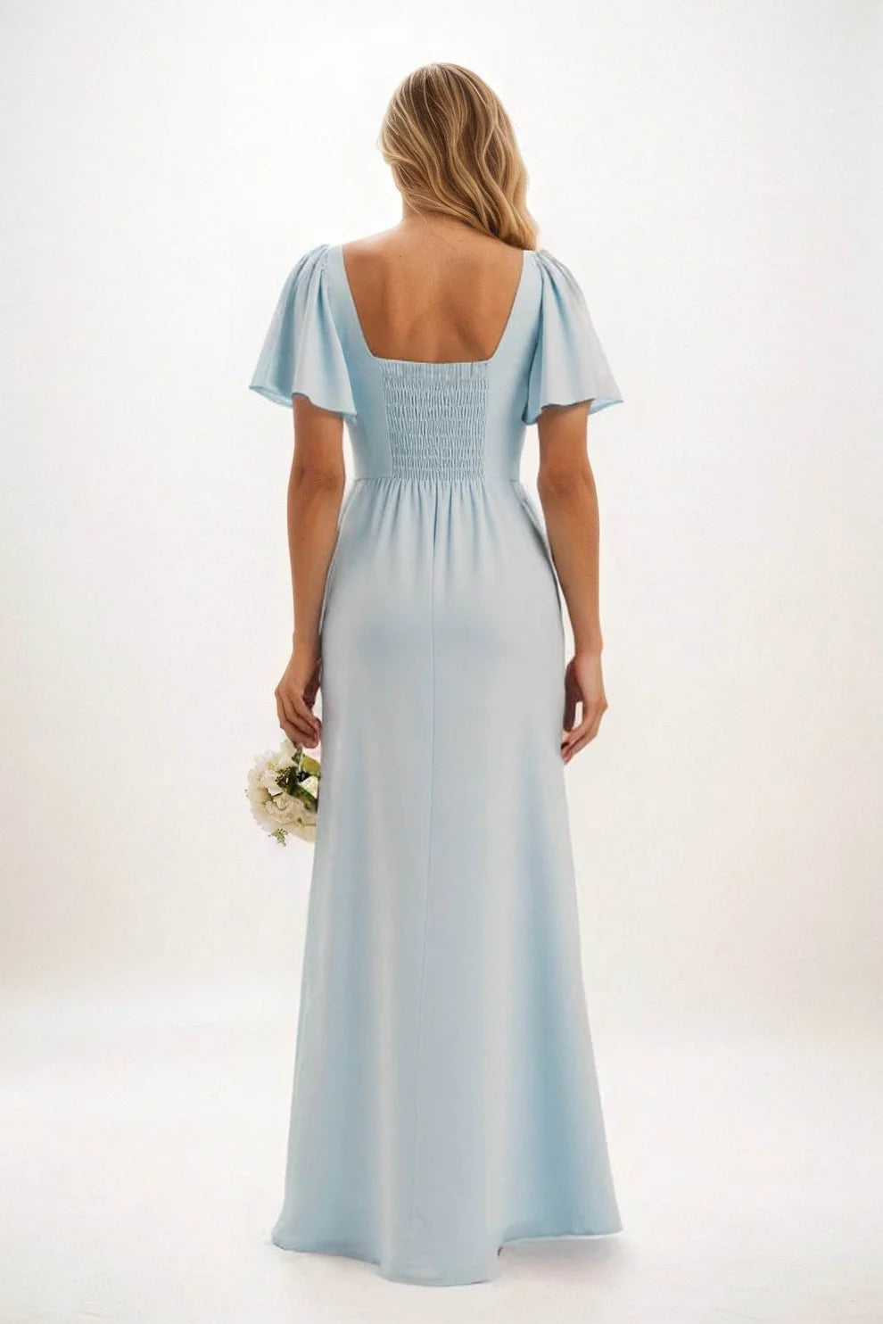 Elegant Mermaid Square Neck Flutter-Sleeve Open-Back Floor-Length Bridesmaid Dresses