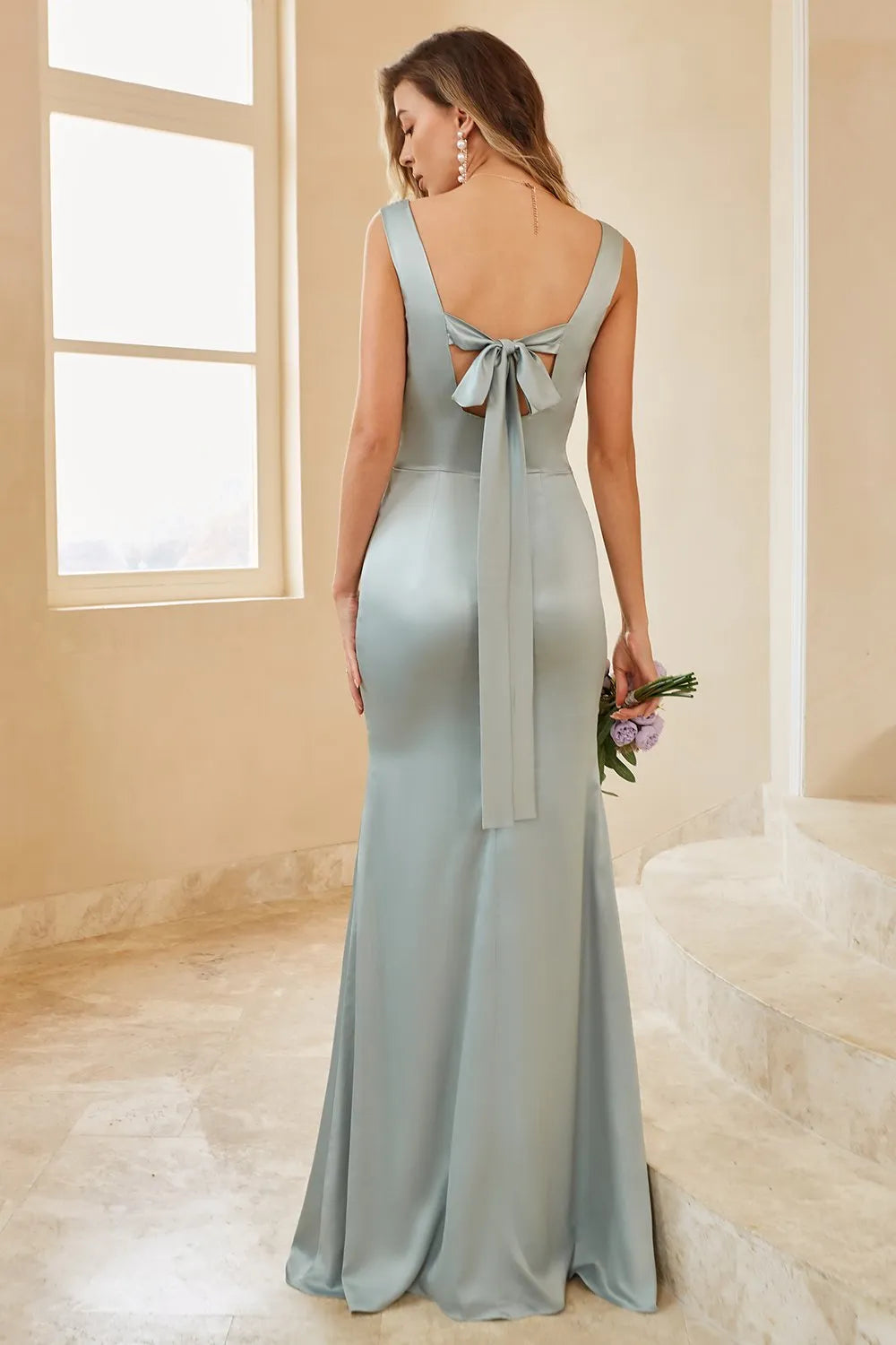 Elegant Mermaid Square Neck Sleeveless Bow Back Long Bridesmaid Dresses