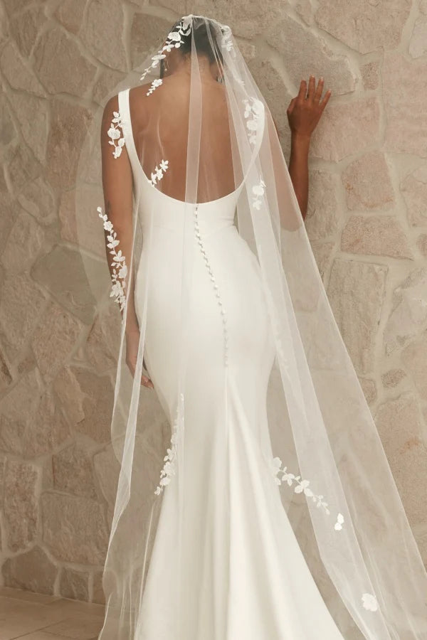 Elegant Mermaid Square Neck Spaghetti Strap Button Back Train Wedding Dresses