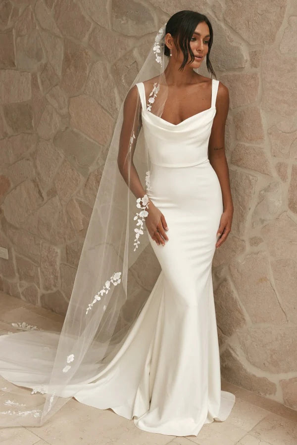 Elegant Mermaid Square Neck Spaghetti Strap Button Back Train Wedding Dresses