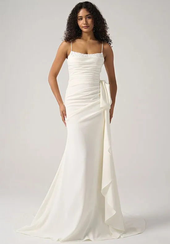 Elegant Mermaid Square Neck Spaghetti Strap Button Back Train Wedding Dresses