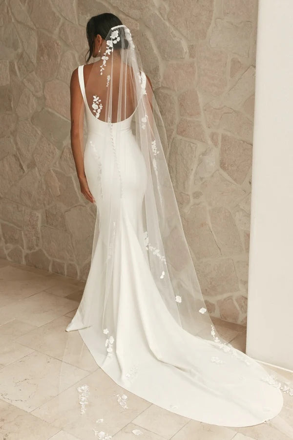 Elegant Mermaid Square Neck Spaghetti Strap Button Back Train Wedding Dresses