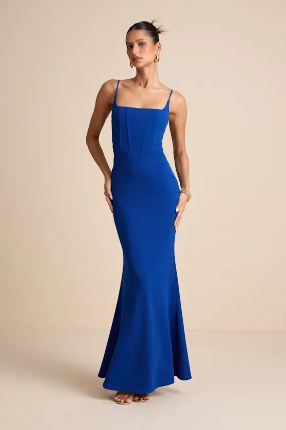 Elegant Mermaid Square Neck Spaghetti Strap Open Back Floor Length Formal Prom Dresses