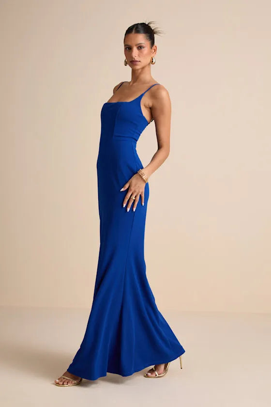 Elegant Mermaid Square Neck Spaghetti Strap Open Back Floor Length Formal Prom Dresses