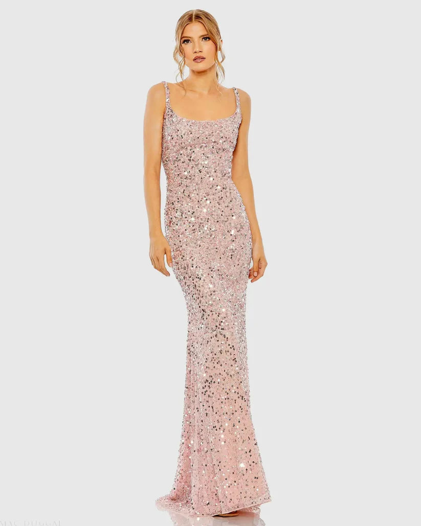 Elegant Mermaid Square Neck Spaghetti Strap Sequin Floor Length Formal Prom Dresses