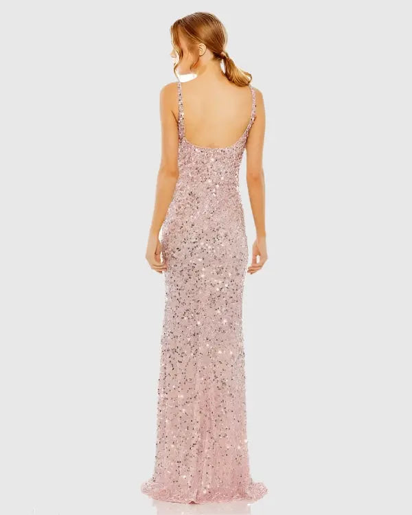 Elegant Mermaid Square Neck Spaghetti Strap Sequin Floor Length Formal Prom Dresses