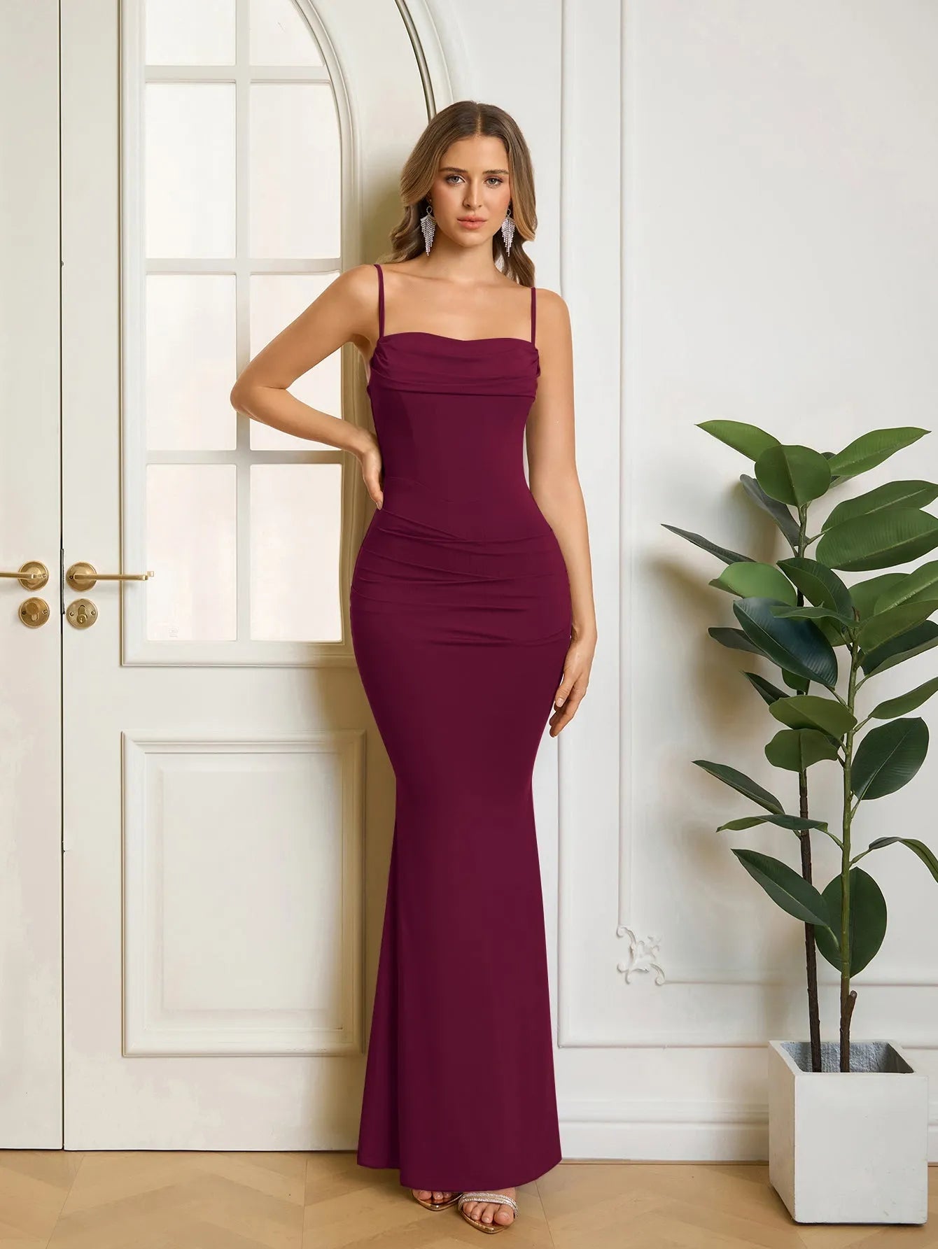 Elegant Mermaid Square Neck Spaghetti Strap Zip Back Floor Length Prom Dresses