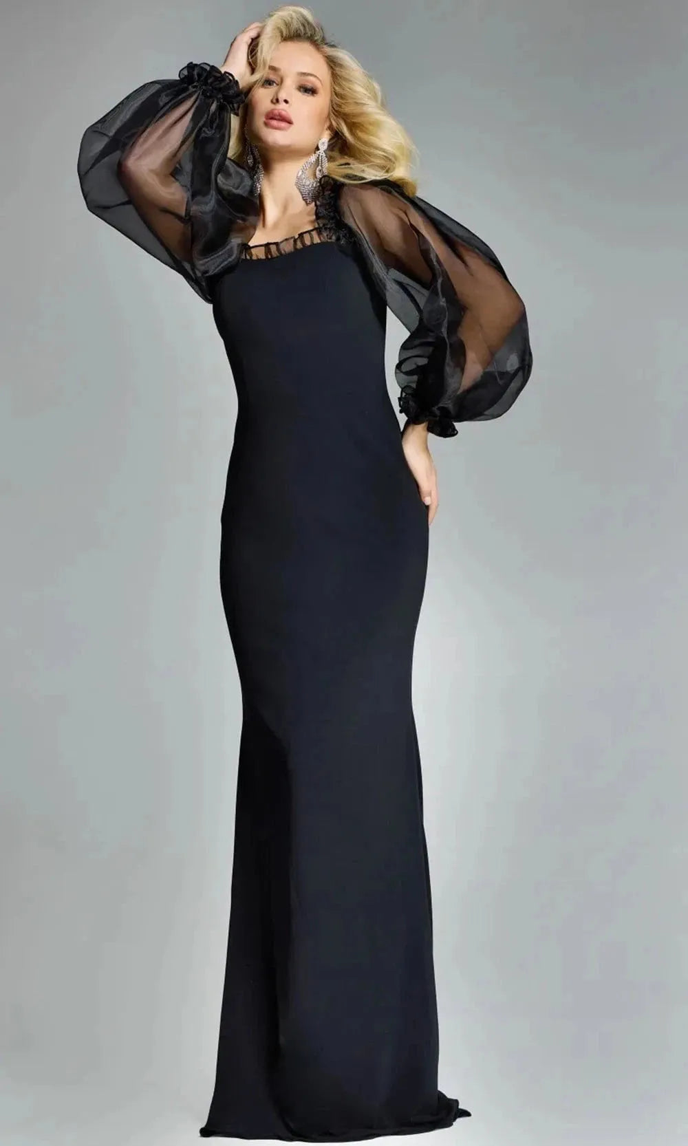 Elegant Mermaid Square Neckline Sheer Puff Sleeve Ruffle Fitted Bodice Floor-Length Mother of the Bride Dress