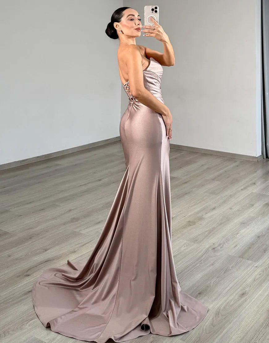 Elegant Mermaid Strapless Beaded-Cutout Floor-Length Prom Dress
