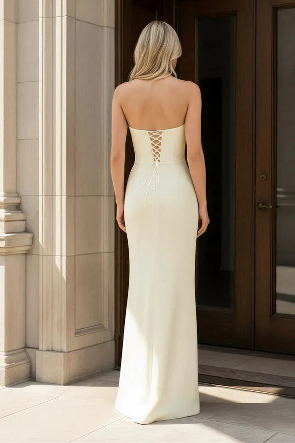 Elegant Mermaid Strapless Bow Neck Lace-Up Back Floor Length Prom Dress