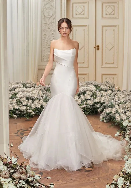 Elegant Mermaid Strapless Open Back Ruffled Train Wedding Dresses