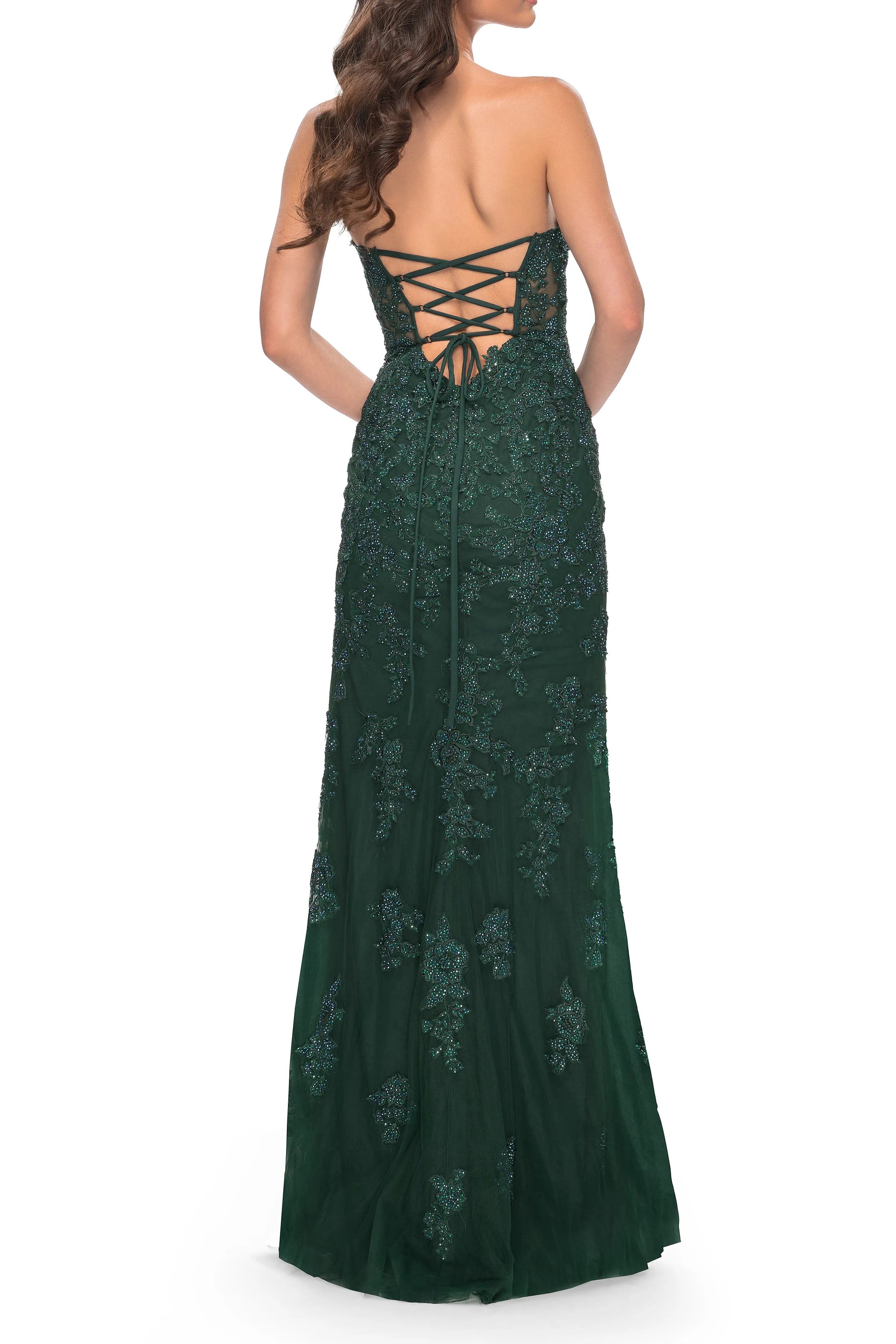 Elegant Mermaid Strapless Sleeveless Floral Embroidered Lace Up Tulle Floor -Length Prom Dress Lace Edge Slit