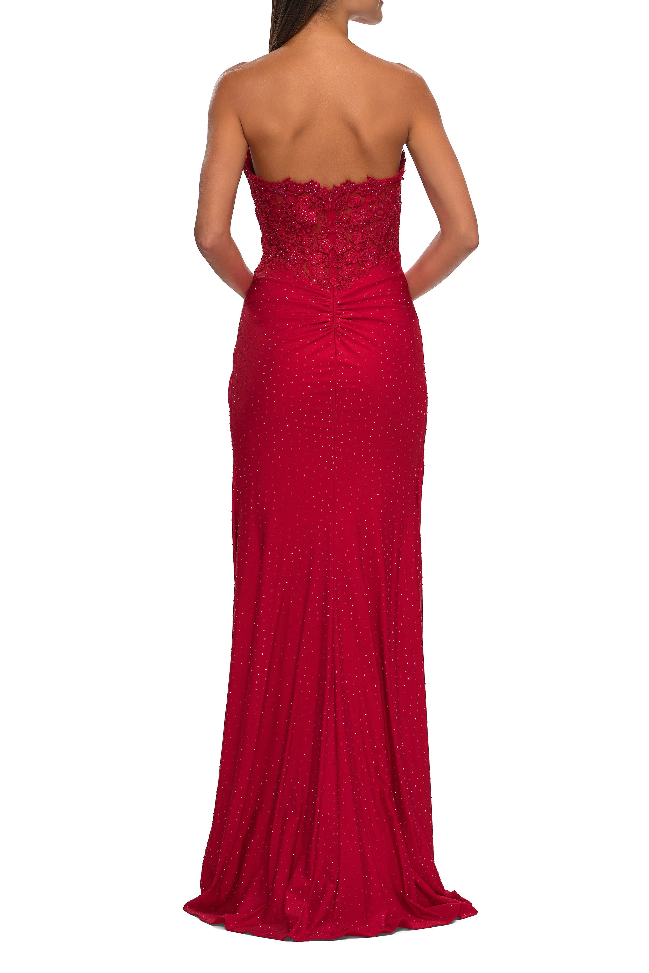 Elegant Mermaid Strapless Sleeveless Lace Applique Bodice Ruched Slit Back Zip Floor - Length Prom Dresses