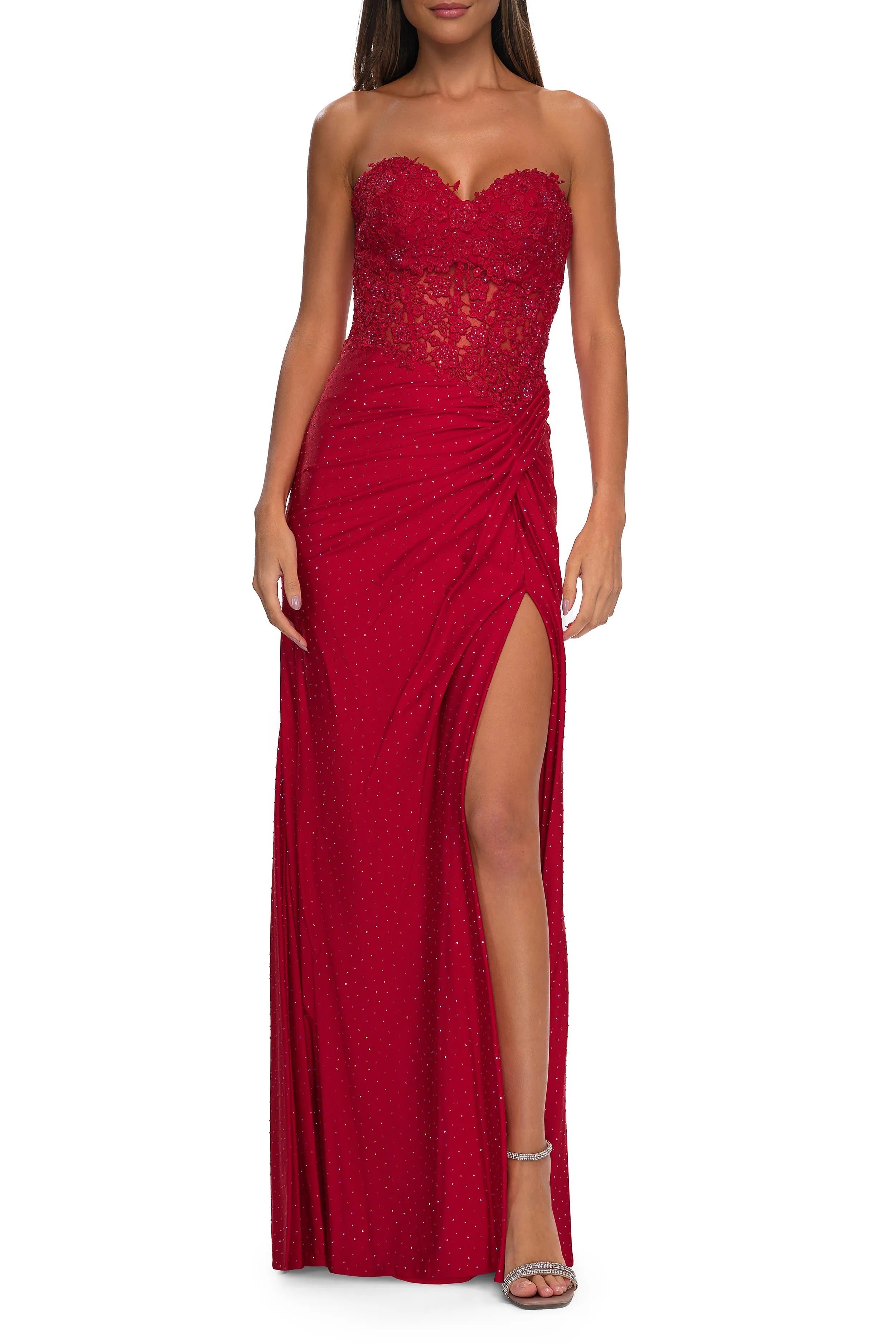 Elegant Mermaid Strapless Sleeveless Lace Applique Bodice Ruched Slit Back Zip Floor - Length Prom Dresses