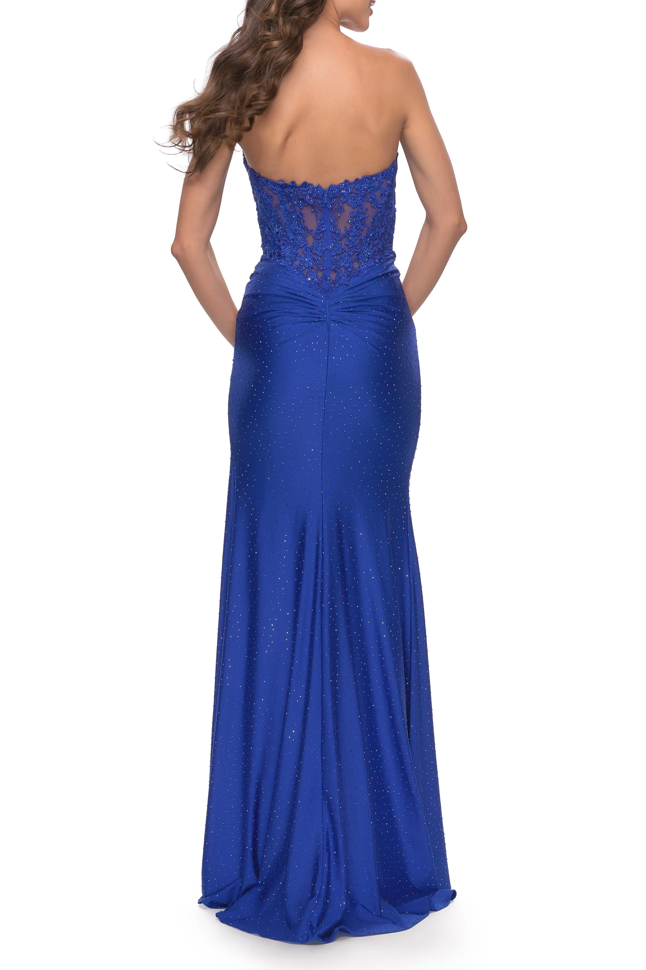 Elegant Mermaid Strapless Sleeveless Lace Applique Bodice Ruched Slit Back Zip Floor - Length Prom Dresses