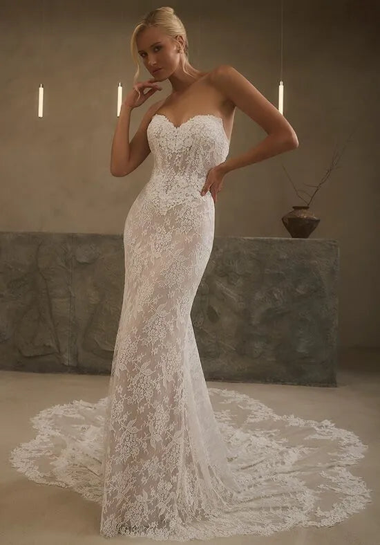 Elegant Mermaid Strapless Lace Open Back Train Wedding Dresses