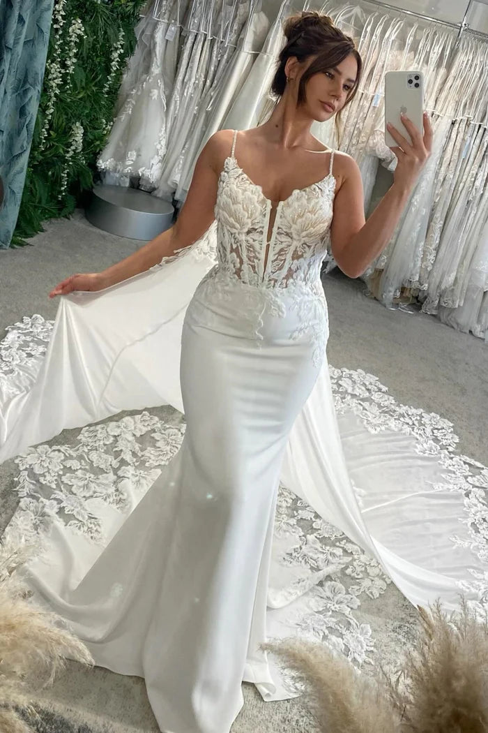 Elegant Mermaid Sweetheart Spaghetti Strap Lace Back Train Wedding Dresses