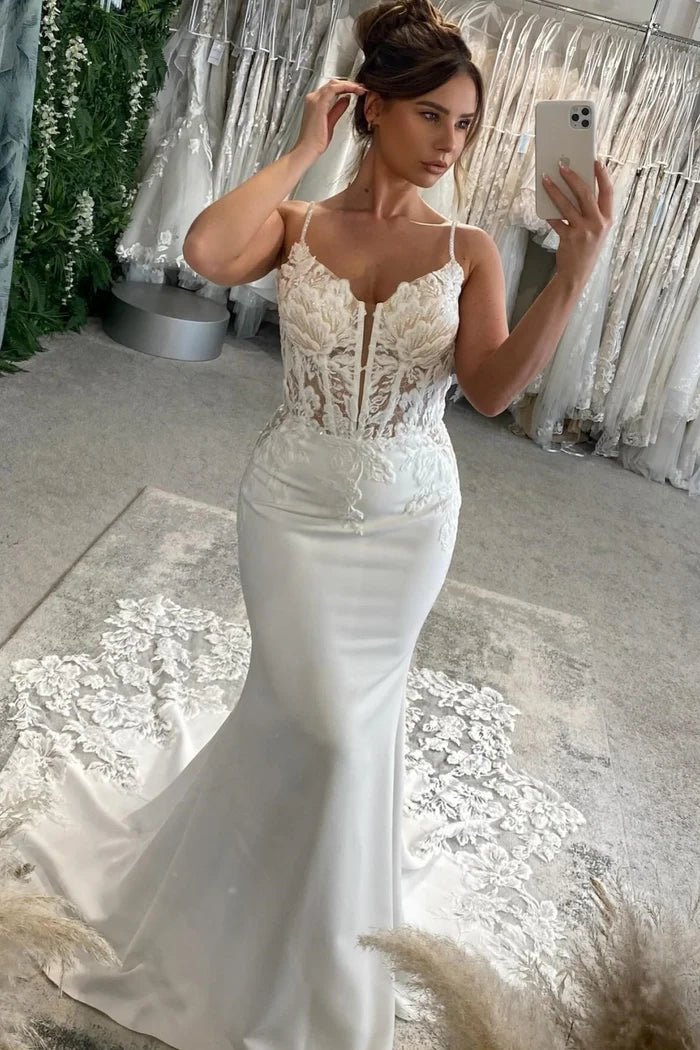 Elegant Mermaid Sweetheart Spaghetti Strap Lace Back Train Wedding Dresses