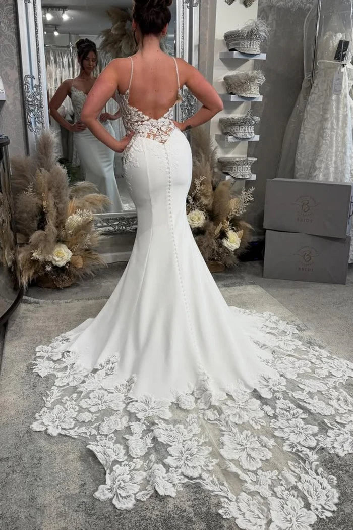 Elegant Mermaid Sweetheart Spaghetti Strap Lace Back Train Wedding Dresses