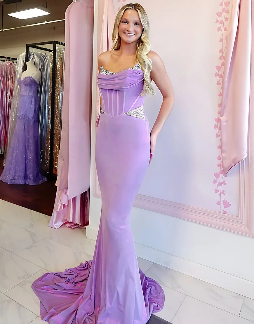 Elegant Mermaid Sweetheart Strapless Beaded Back Floor Length Prom Dresses
