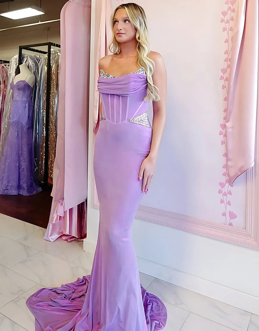 Elegant Mermaid Sweetheart Strapless Beaded Back Floor Length Prom Dresses