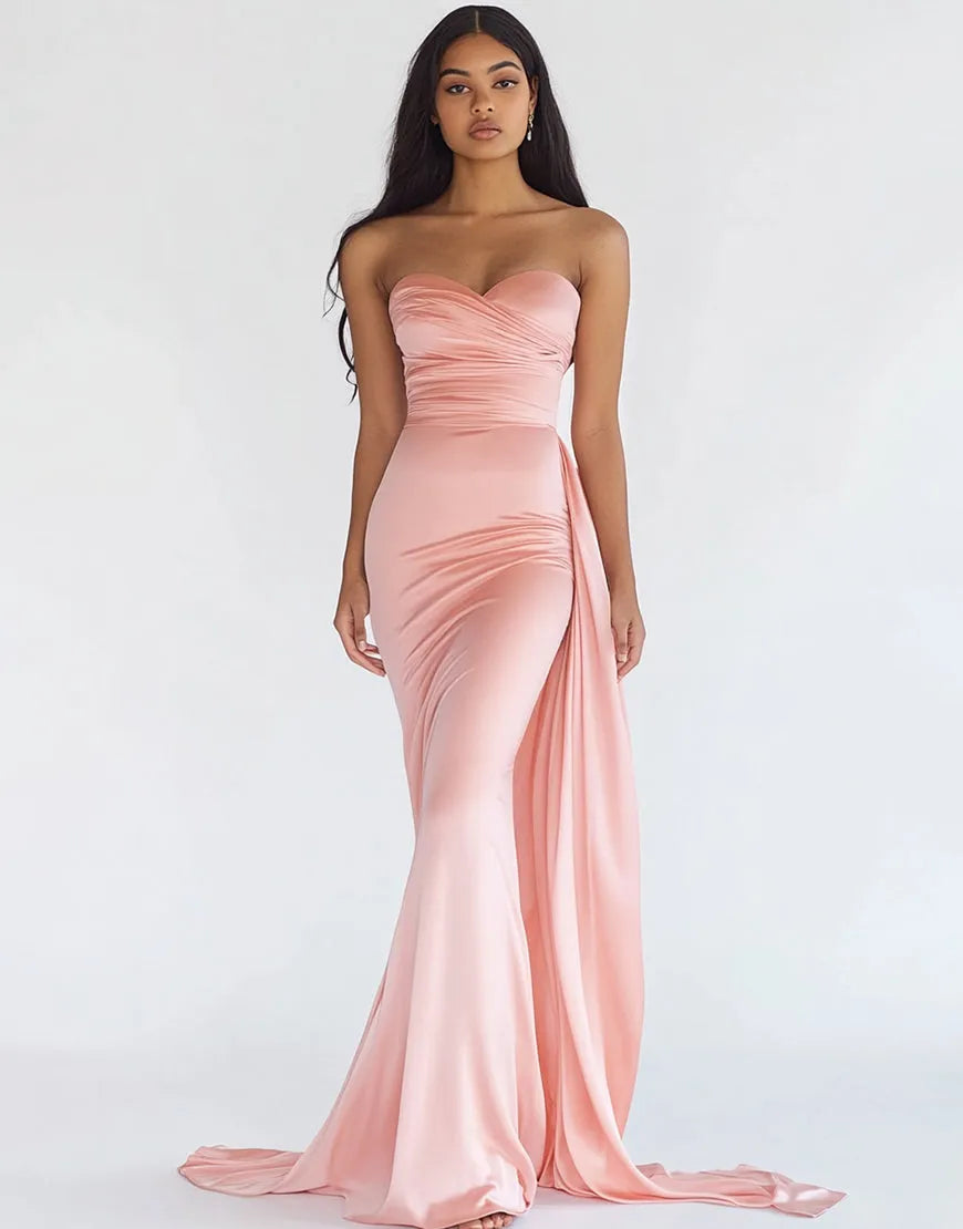 Elegant Mermaid Sweetheart Strapless Draped Back Floor Length Formal Prom Dresses