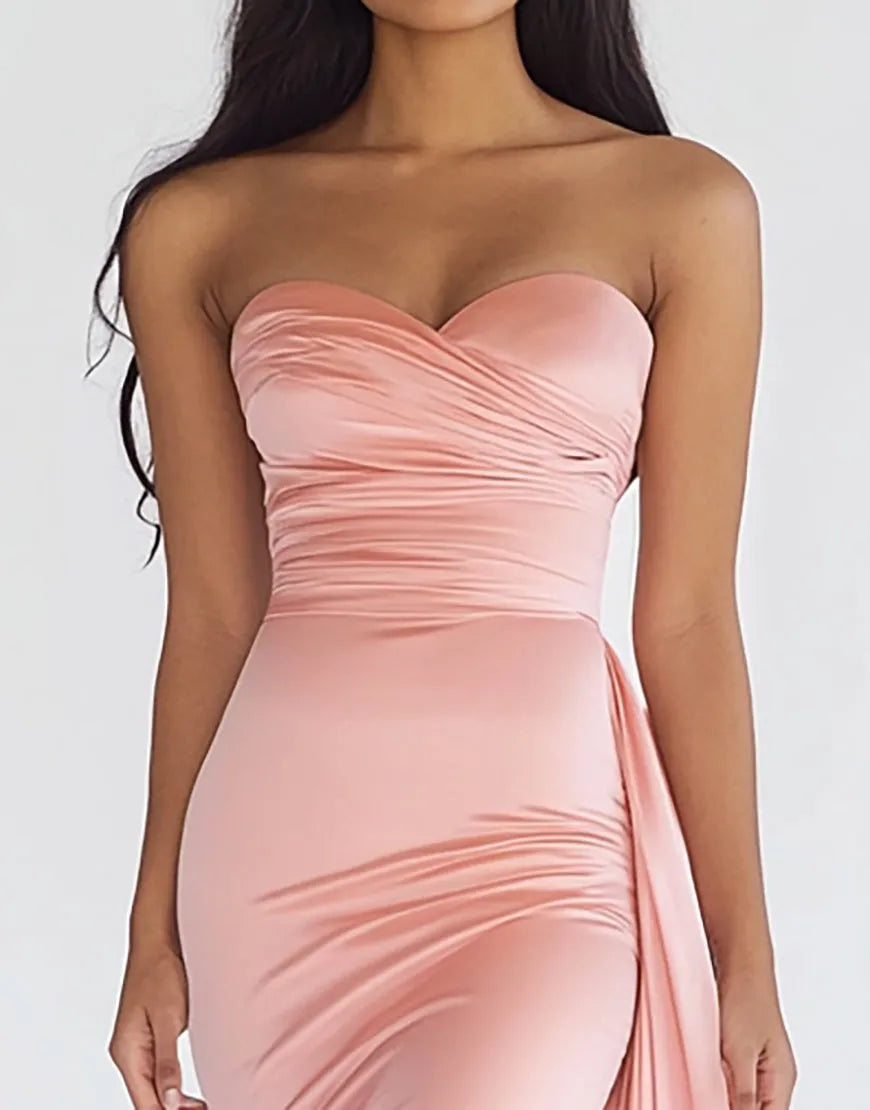 Elegant Mermaid Sweetheart Strapless Draped Back Floor Length Formal Prom Dresses