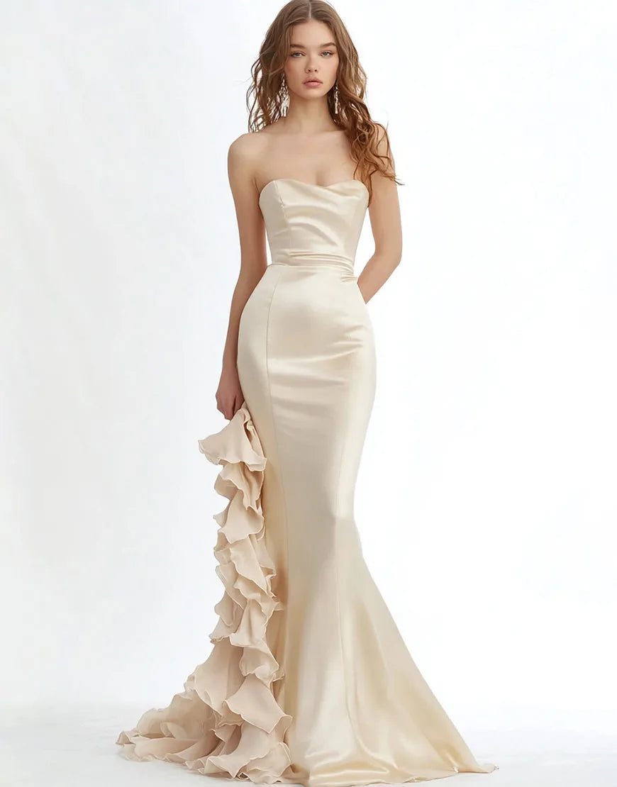 Elegant Mermaid Sweetheart Strapless Ruffled Back Floor Length Formal Prom Gown