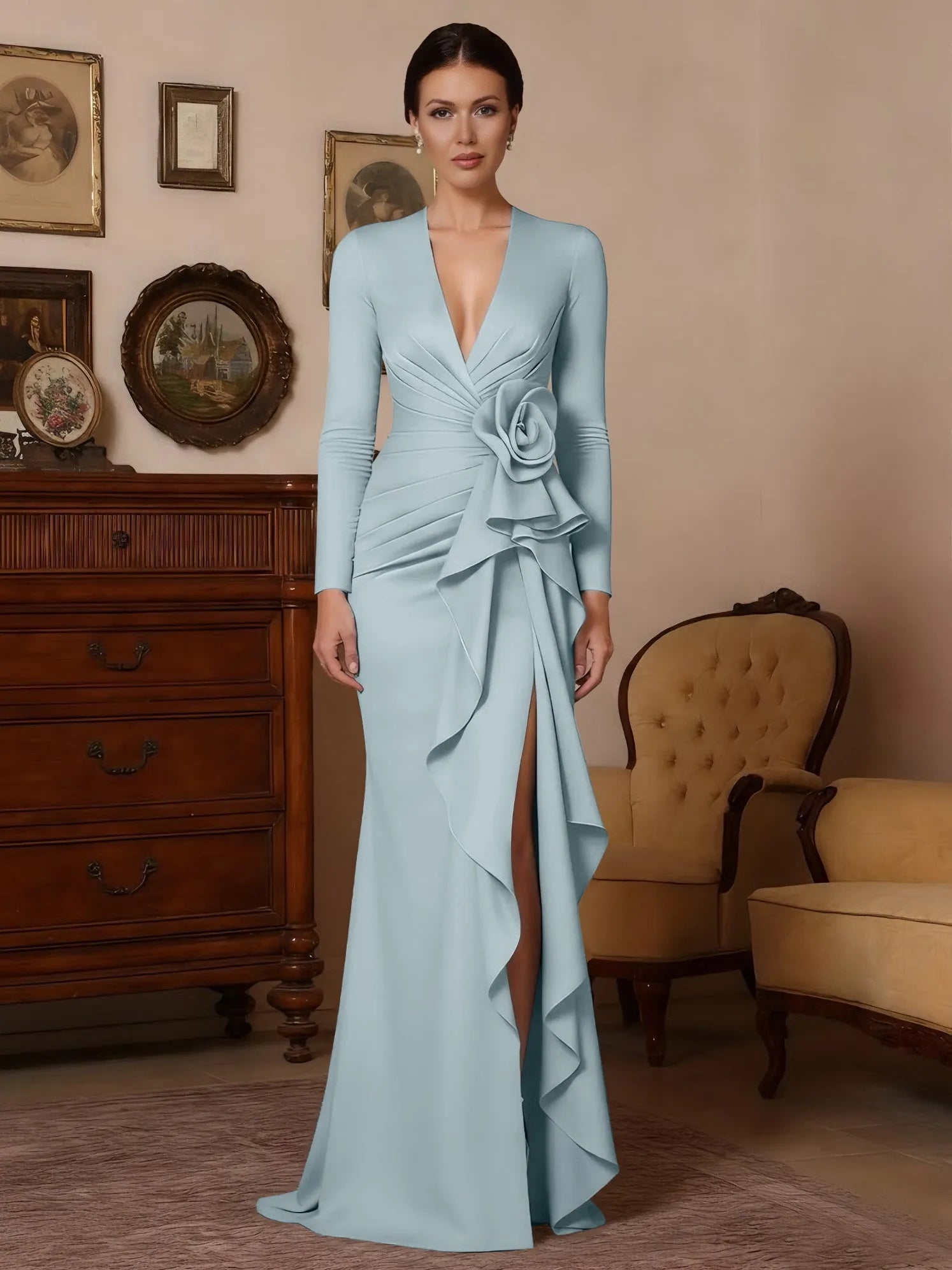 Elegant Mermaid V-Neck Long-Sleeve Zip-Back Floor-Length Mother of the Bride Dresses