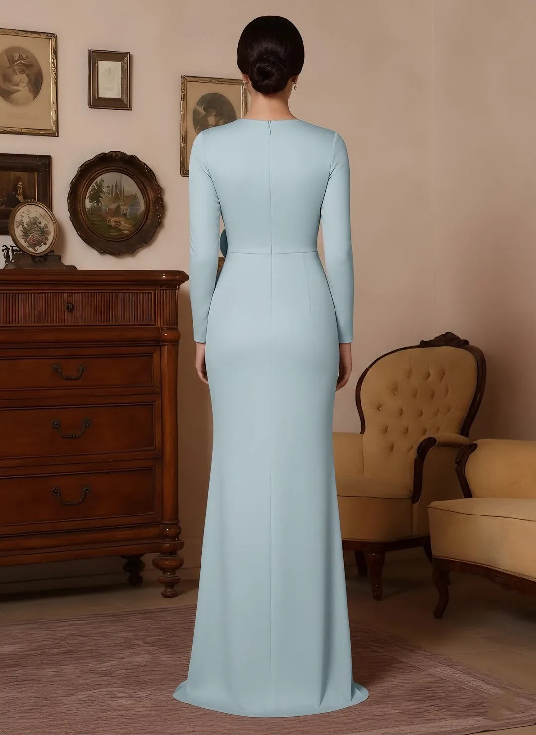 Elegant Mermaid V-Neck Long-Sleeve Zip-Back Floor-Length Mother of the Bride Dresses